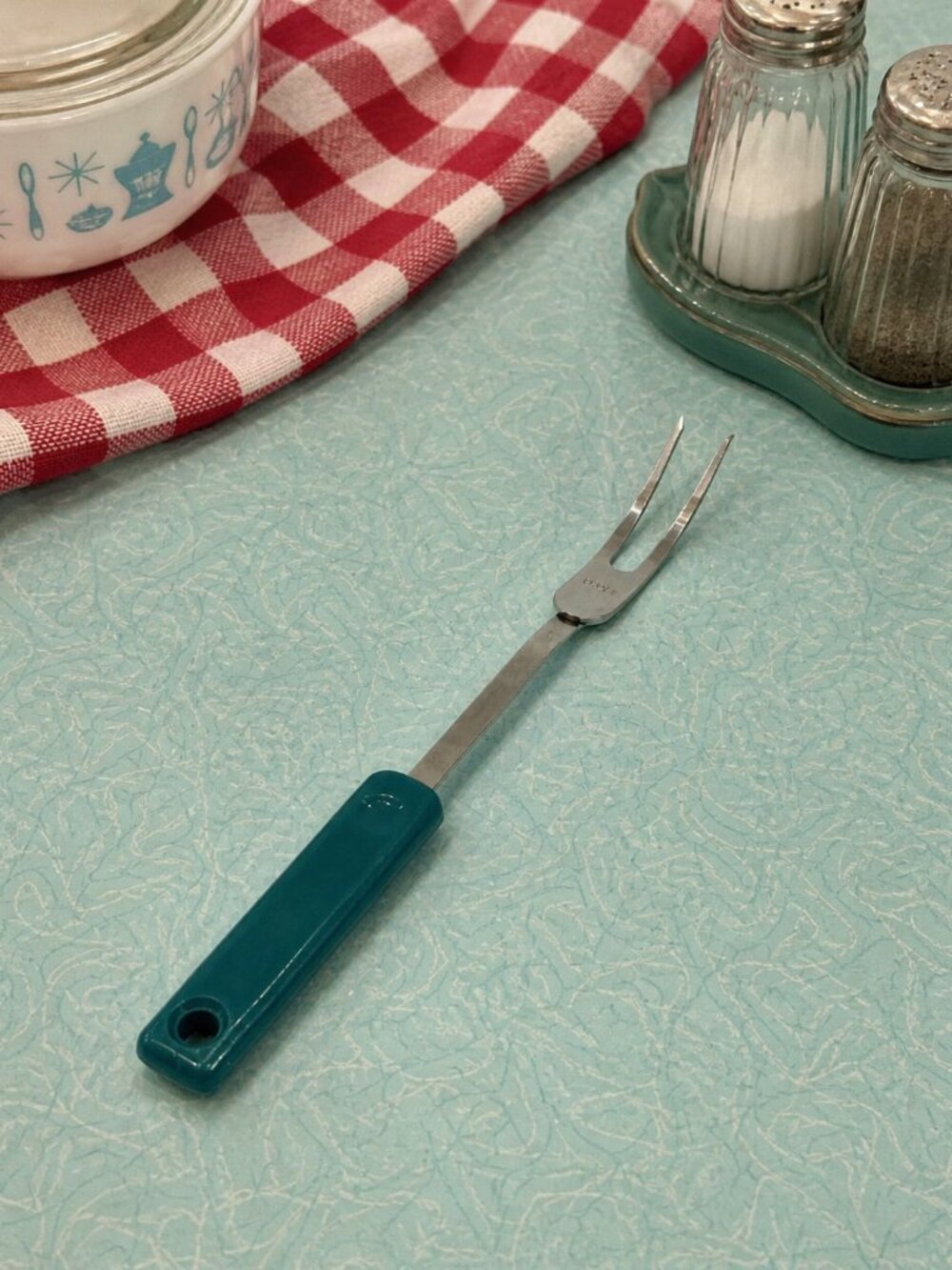 Vintage Ekco USA Stainless Steel Meat Serving Fork, Teal Green Bakelite‎ Handle